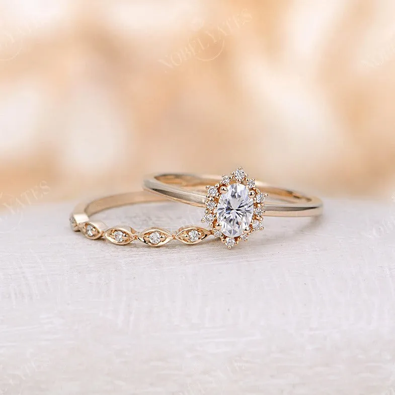 Vintage Oval Moissanite Halo Bridal set Yellow Gold