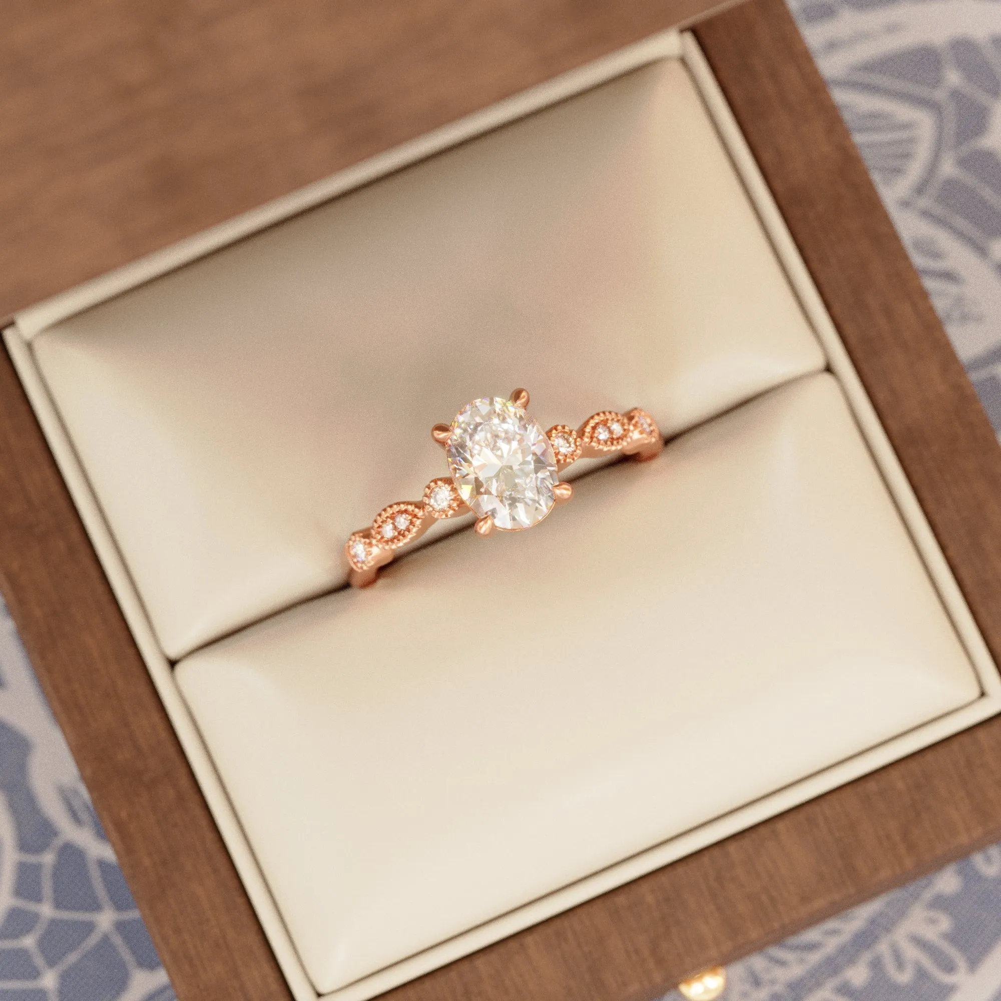 Vintage Oval Moissanite Milgrain Engagement Ring Rose Gold