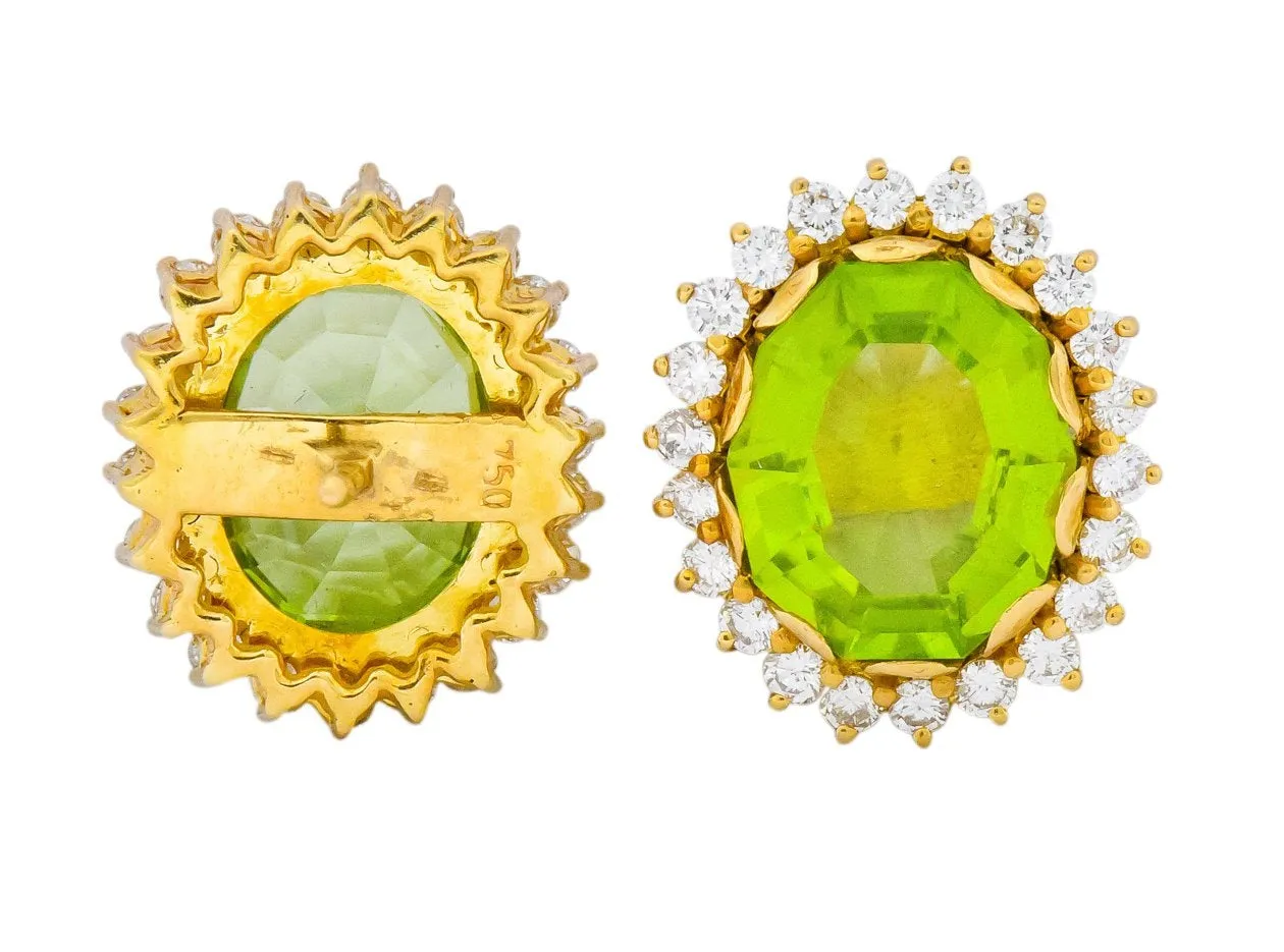 Vintage Peridot 7.90 CTW Diamond 18 Karat Gold Earrings