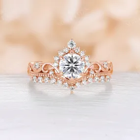 Vintage Round Cut Moissanite Milgrain Engagement Ring Rose Gold