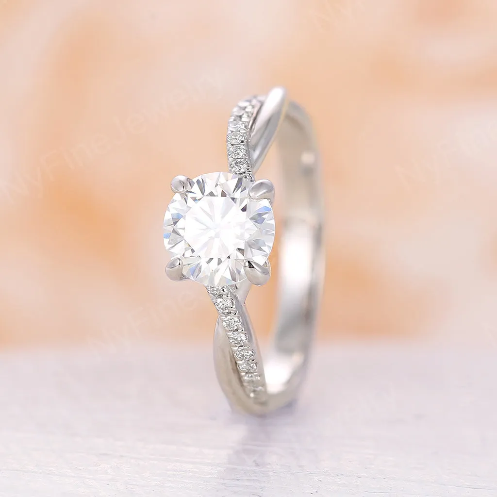 Vintage Round Moissanite White Gold Twist Engagement Ring