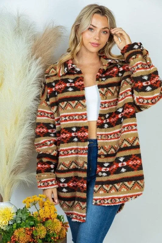 WHITE BIRCH PLUS SIZE Long Sleeve Aztec Print Woven Jacket