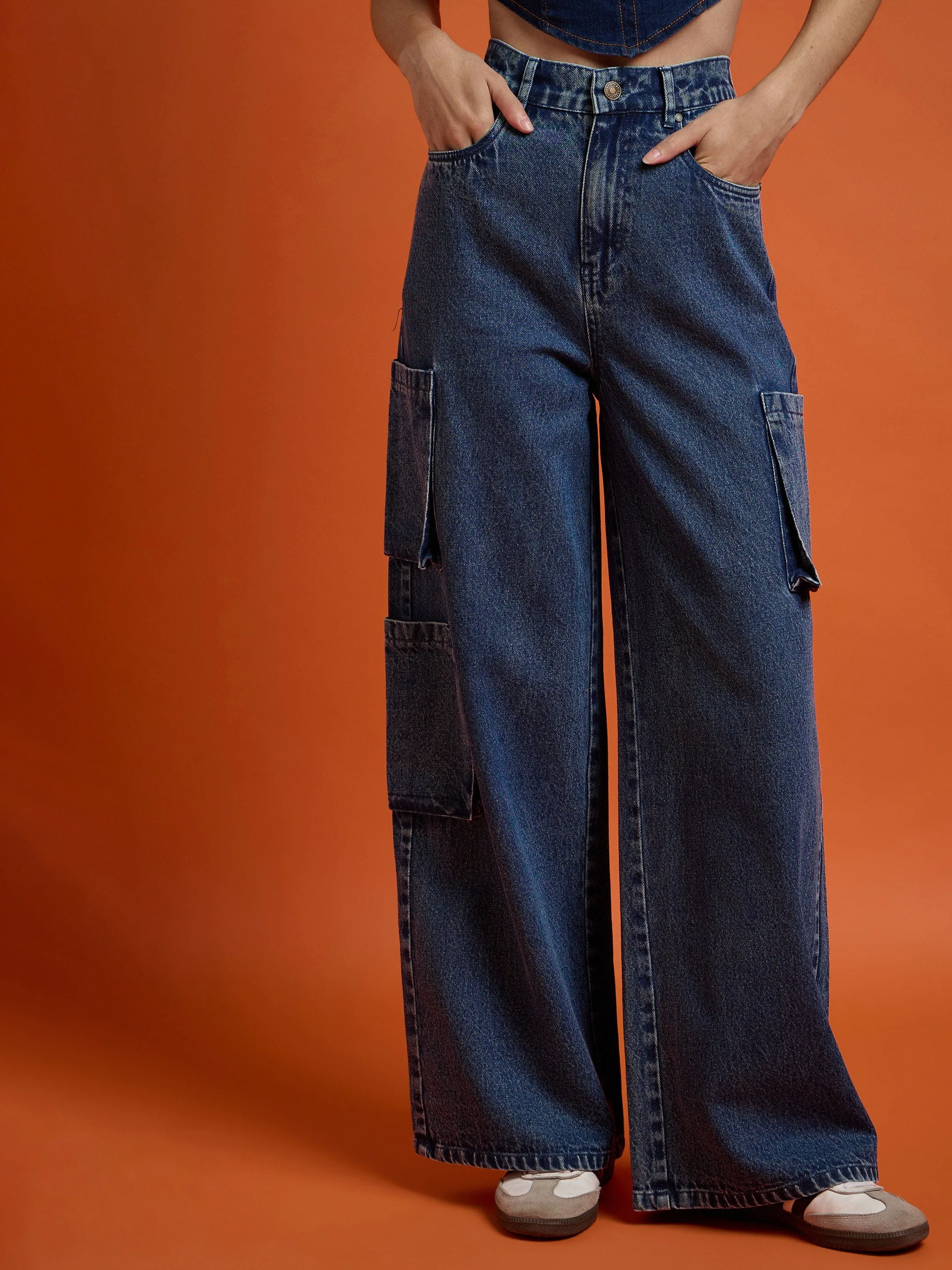 Women Blue Box Pocket Straight Premium Jeans