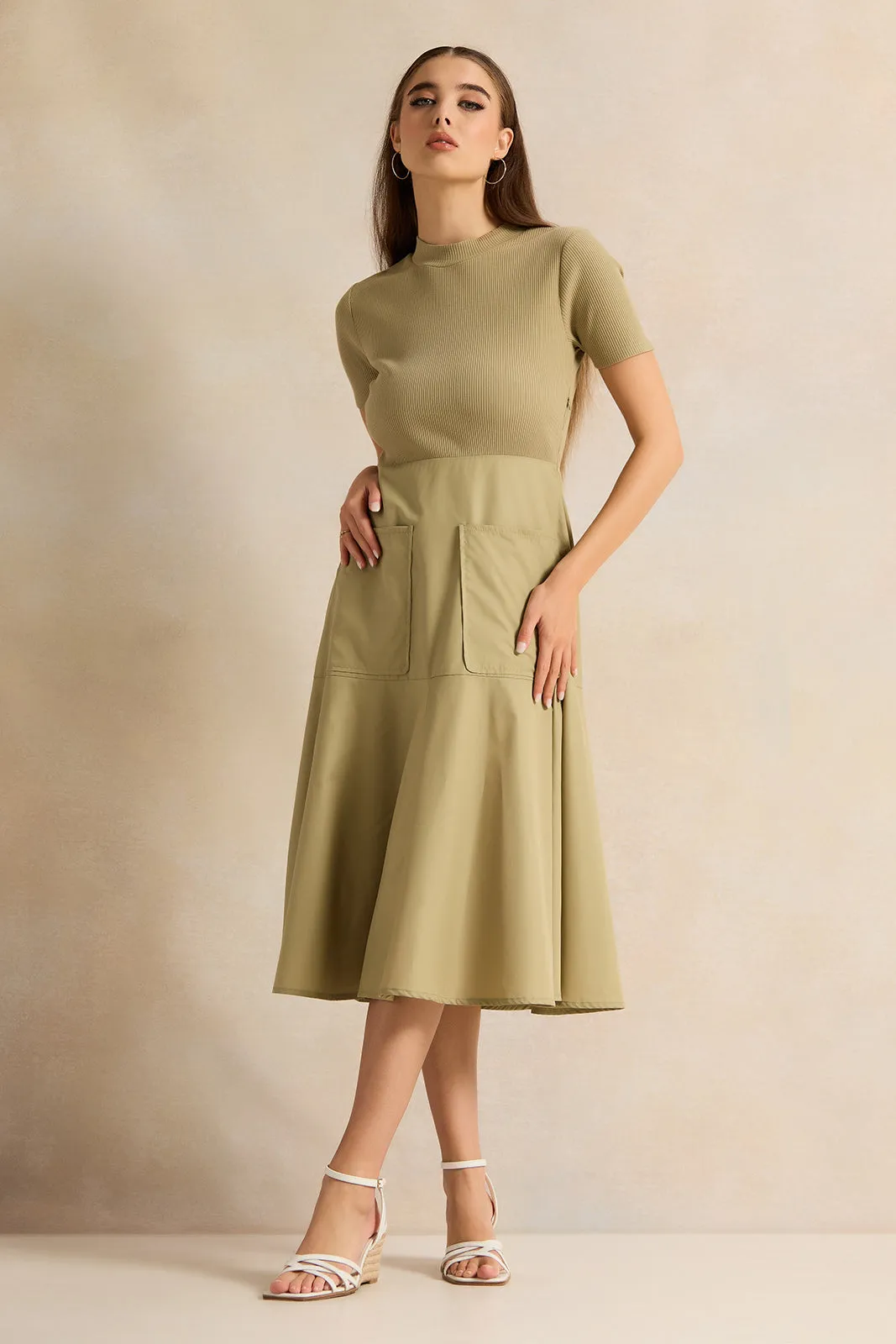 Women Olive Short Sleeve Dress With Pockets