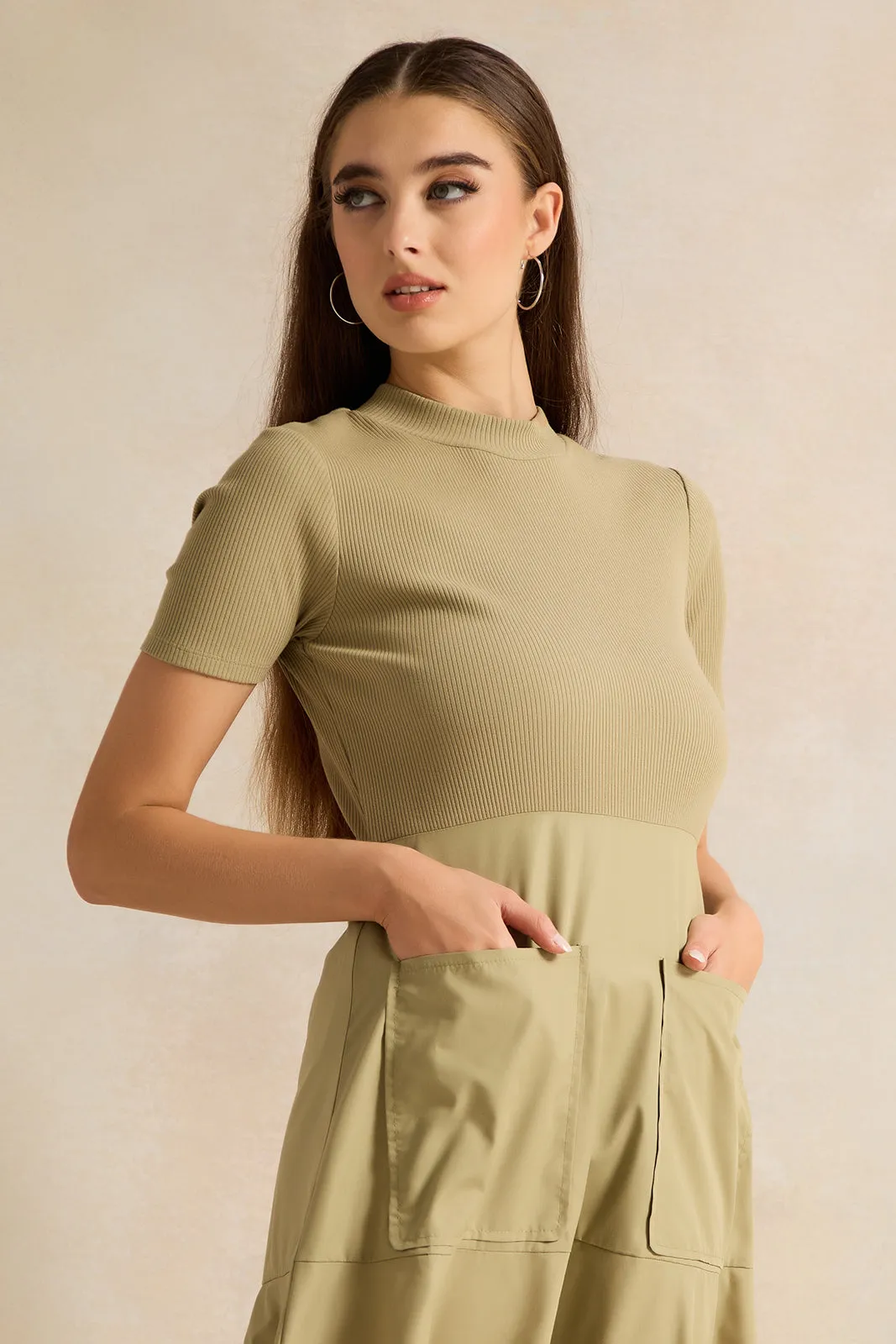 Women Olive Short Sleeve Dress With Pockets