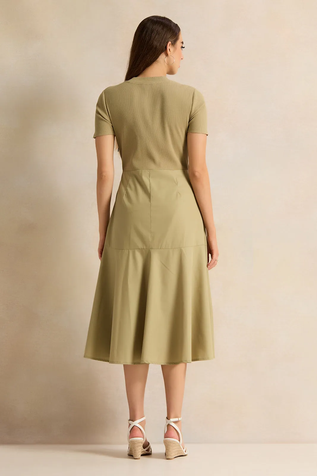 Women Olive Short Sleeve Dress With Pockets