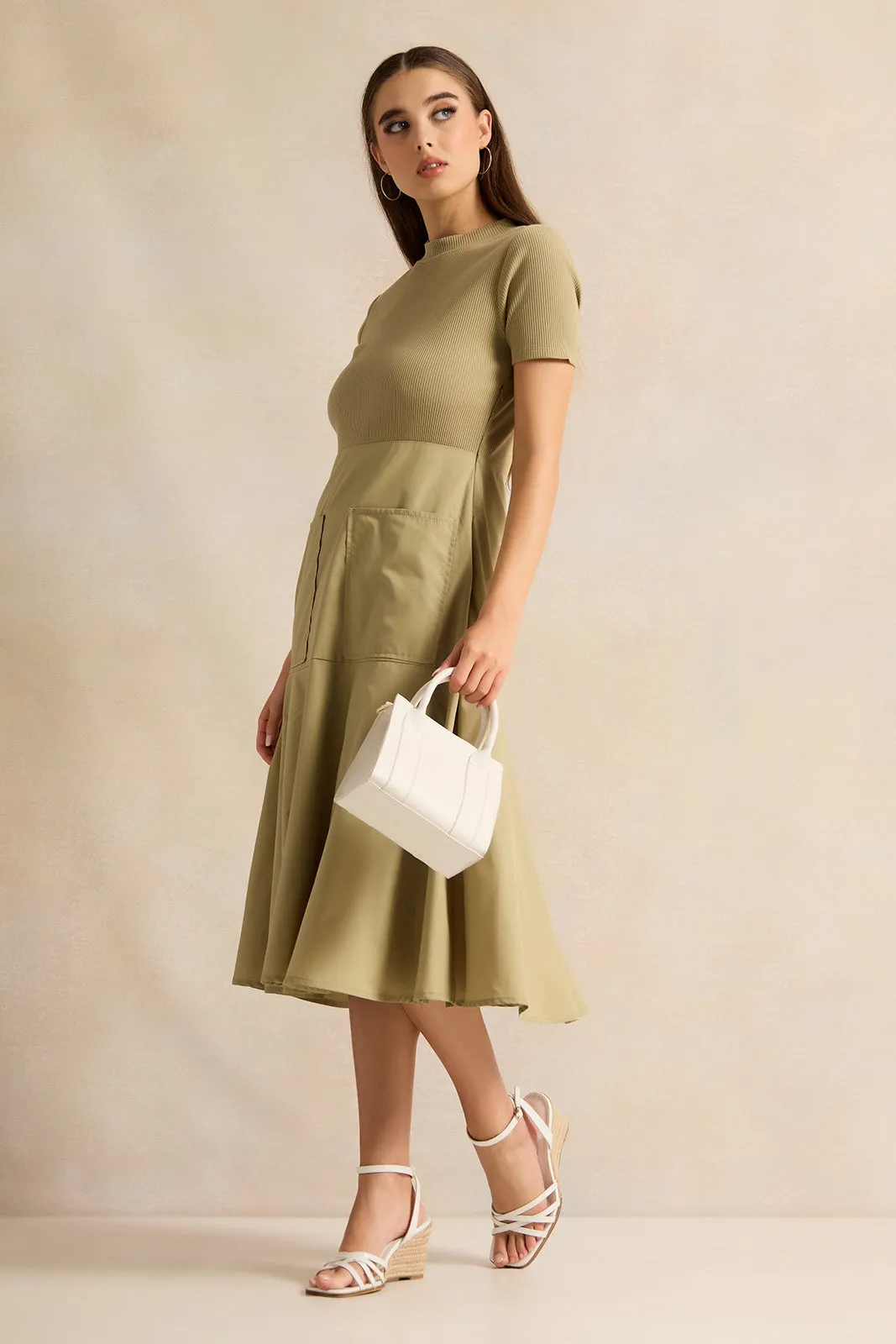 Women Olive Short Sleeve Dress With Pockets