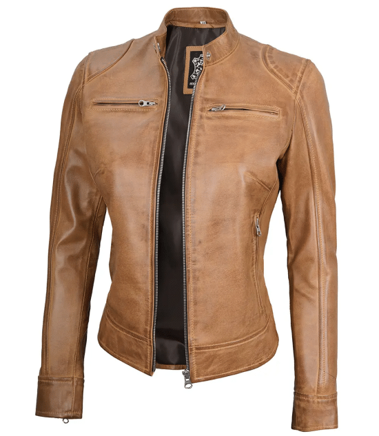 Women's Dodge Camel Cafe Racer Leather Jacket