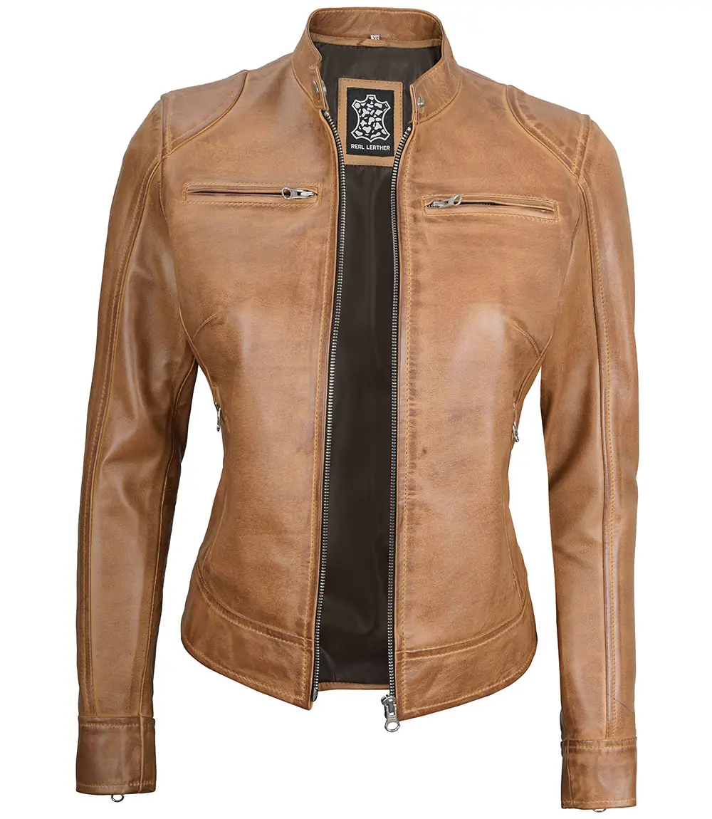 Women's Dodge Camel Cafe Racer Leather Jacket