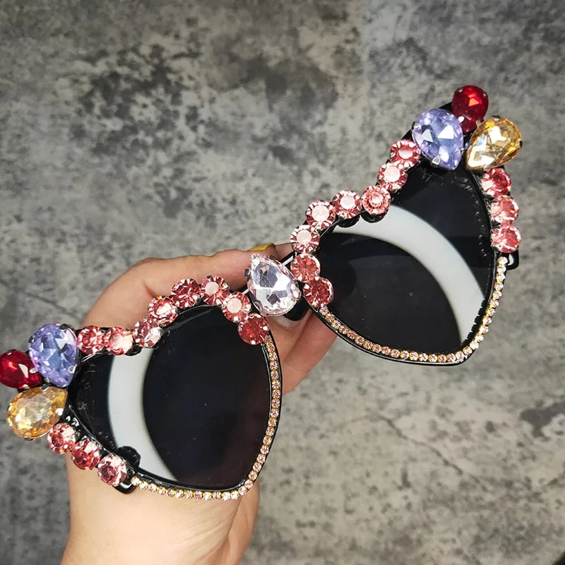 Women's Heart-Shaped Oversized Crystal Diamond Cat Eye Sunglasses