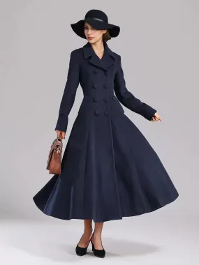 Wool Blend Flared Coat For Women Dark Navy Double-breasted Wide Lapel A-line Winter Outerwear 2025